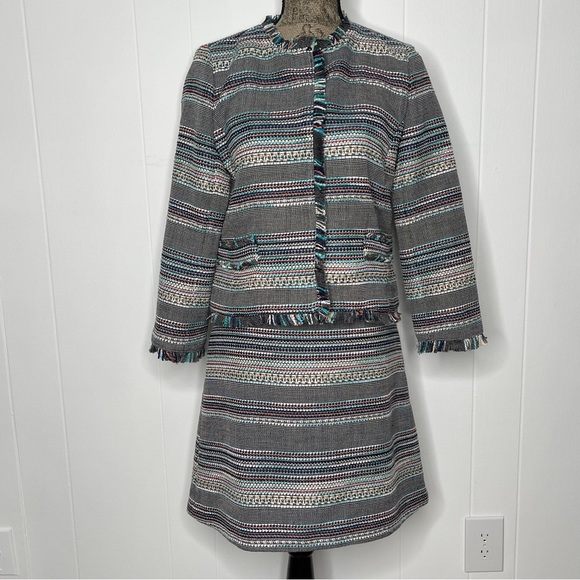 Halogen Nordstrom Multicolor Striped Tweed Fringe Blazer and Skirt - Picture 1 of 11